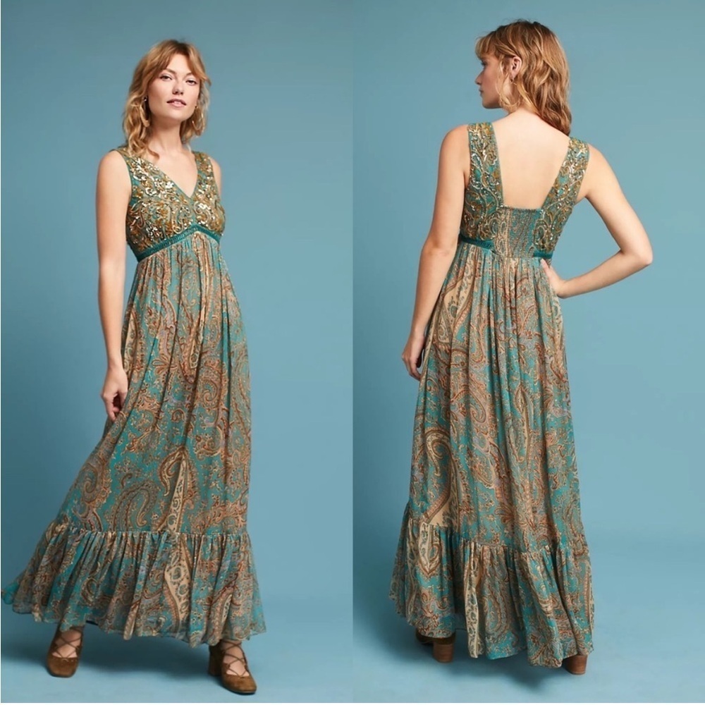 Anthropologie Ranna Gill Beaded SequinPaisley Teal Maxi Dress Size 0